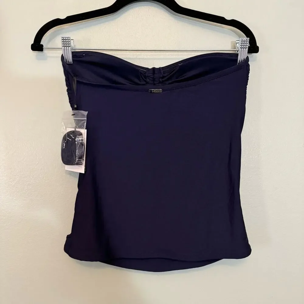 DKNY Women's Navy Bow Tie Cinched Sweetheart Neck Bandeau‎ Tankini Top Small NWT